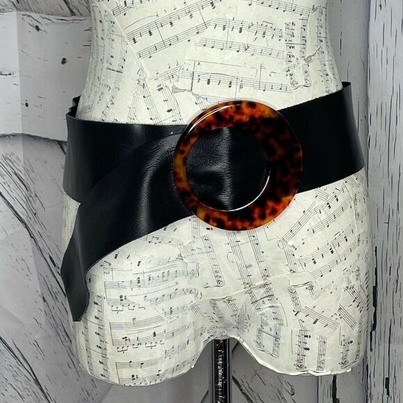 Black leather belt faux tortoise shell buckle - Picture 1 of 5